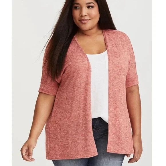 Torrid Open Front Knit Cardigan Light Sweater Short Sleeve Plus Size 5X Coral - Picture 1 of 9